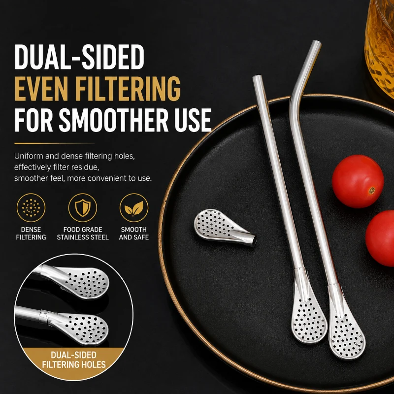 2-in-1 Stainless Steel Straw & Spoon, Reusable Drinking Straw with Stirring Spoon & Filter, Food-Grade Metal Straw for Coffee, Milk Tea, Juice & Smoothies