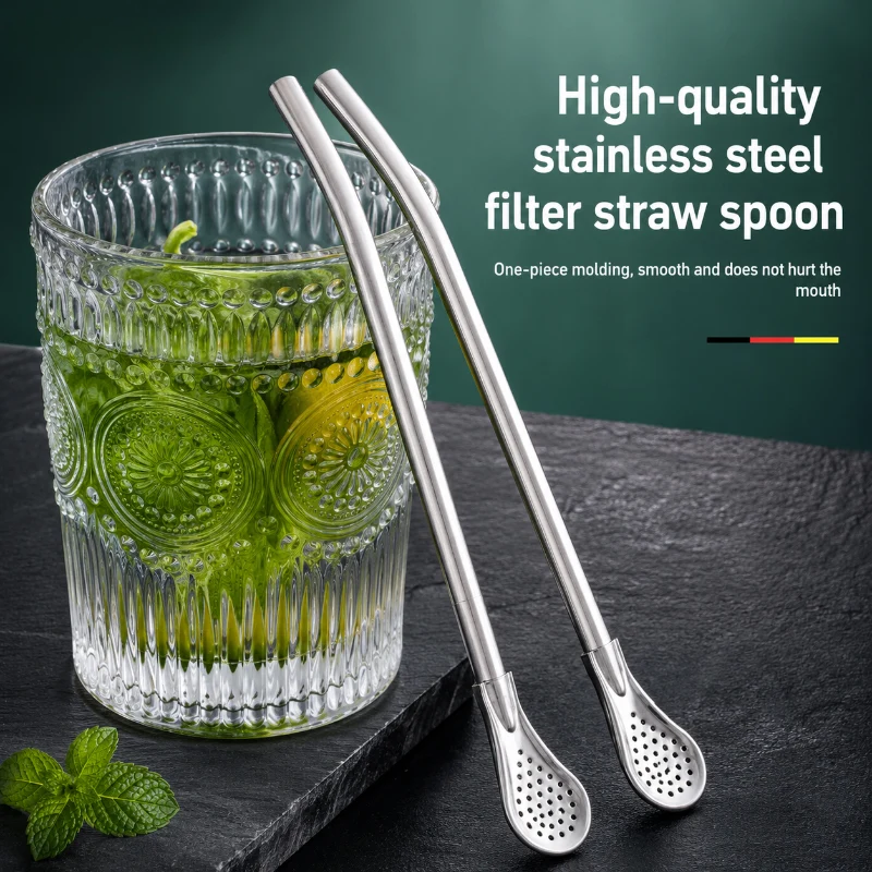 2-in-1 Stainless Steel Straw & Spoon, Reusable Drinking Straw with Stirring Spoon & Filter, Food-Grade Metal Straw for Coffee, Milk Tea, Juice & Smoothies