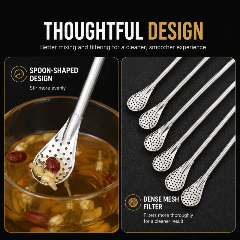 2-in-1 Stainless Steel Straw & Spoon, Reusable Drinking Straw with Stirring Spoon & Filter, Food-Grade Metal Straw for Coffee, Milk Tea, Juice & Smoothies