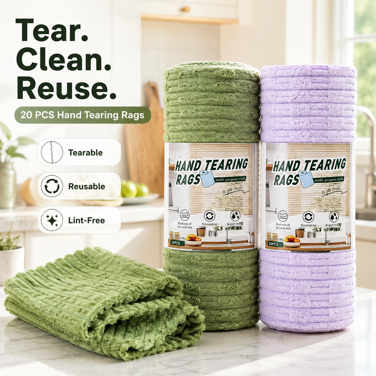 🧽 20-Pack Tear-Off Reusable Cleaning Cloths – Super Absorbent, Lint-Free & Streak-Free for Kitchen, Glass, Car & More ✨