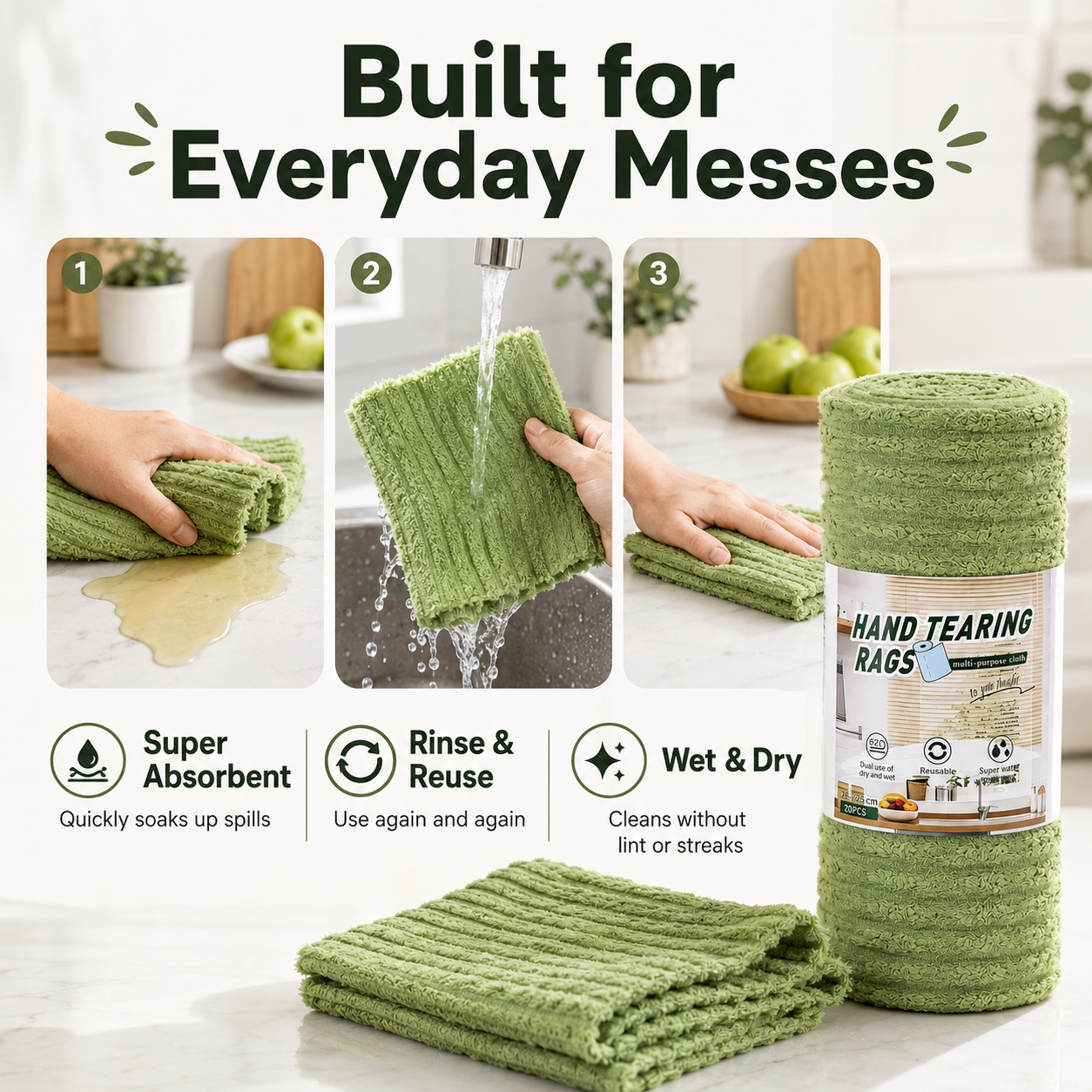 🧽 20-Pack Tear-Off Reusable Cleaning Cloths – Super Absorbent, Lint-Free & Streak-Free for Kitchen, Glass, Car & More ✨