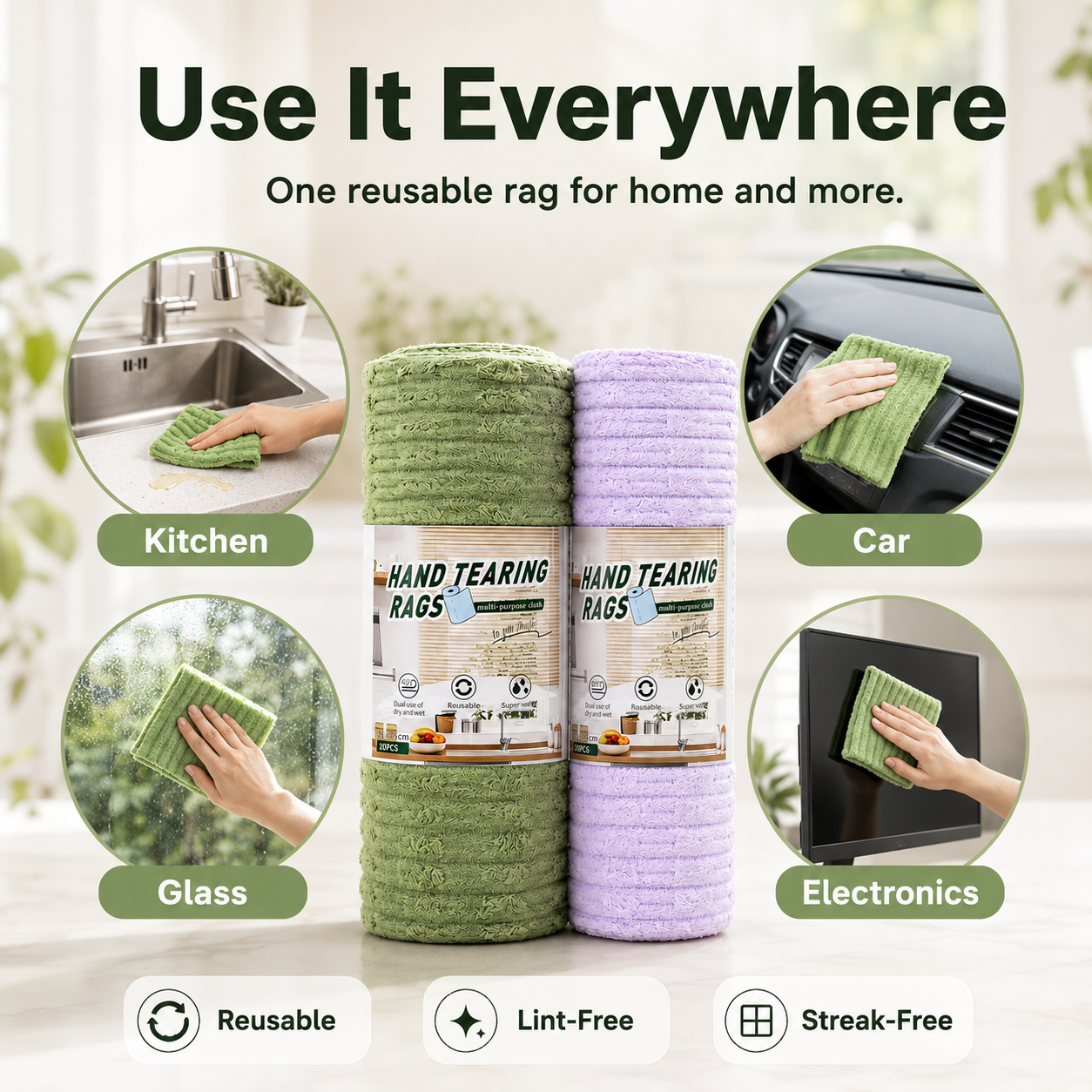 🧽 20-Pack Tear-Off Reusable Cleaning Cloths – Super Absorbent, Lint-Free & Streak-Free for Kitchen, Glass, Car & More ✨