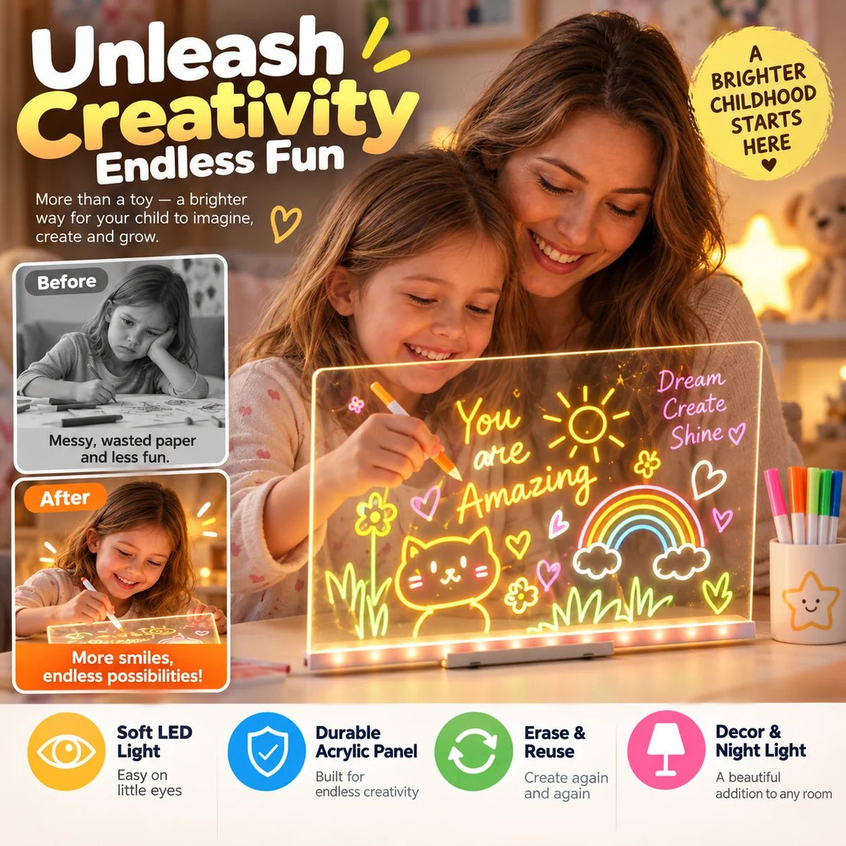 🎨 LED Drawing Board for Kids – Erasable Acrylic Art Board