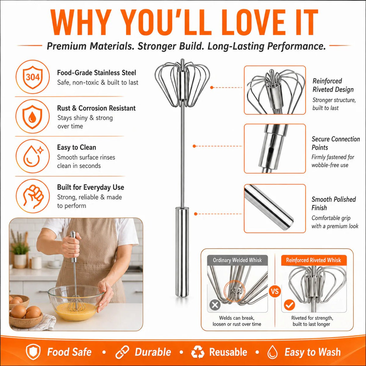 🥄✨LAST DAY 50% OFF ✨ Stainless Steel Hand-Push Rotary Whisk – Effortless Mixing in Seconds!