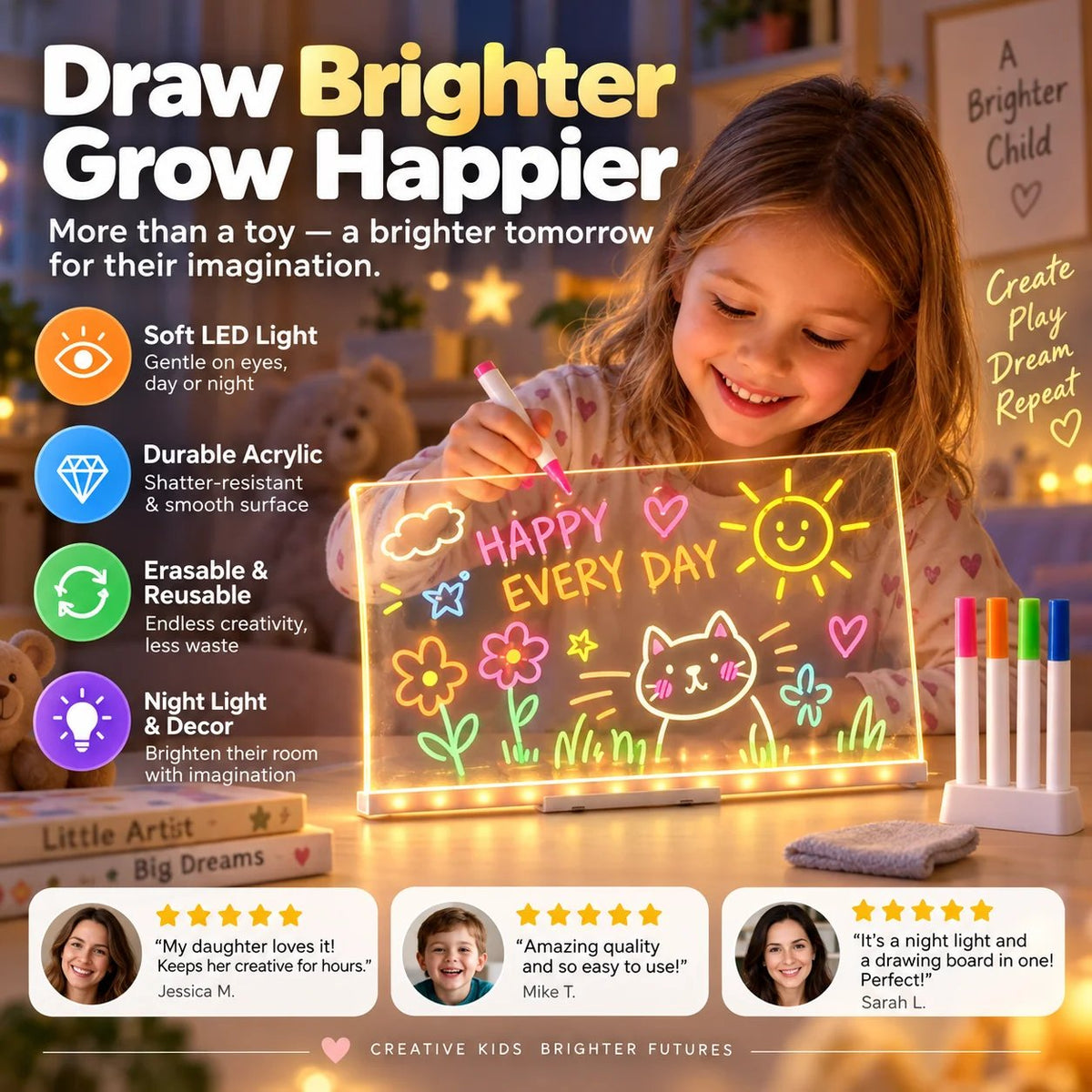 🎨 LED Drawing Board for Kids – Erasable Acrylic Art Board