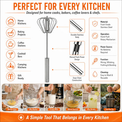 🥄✨LAST DAY 50% OFF ✨ Stainless Steel Hand-Push Rotary Whisk – Effortless Mixing in Seconds!